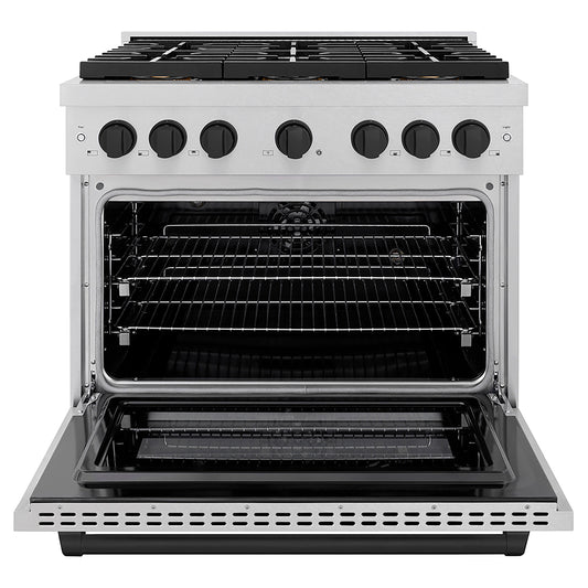 ZLINE 36 in. Dual Fuel Range 5.2 cu. ft. 6 Burner DuoPro™ Cooktop Electric Convection Oven Satin Stainless Steel with Matte Black Accents (PSDRSZ-36-MB)