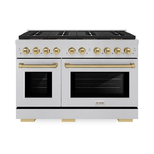ZLINE 48 in. Dual Fuel Range 6.7 cu. ft. 8 Burner DuoPro™ Cooktop Dual Ovens Satin Stainless Steel with Champagne Bronze Accents (PSDRSZ-48-CB)