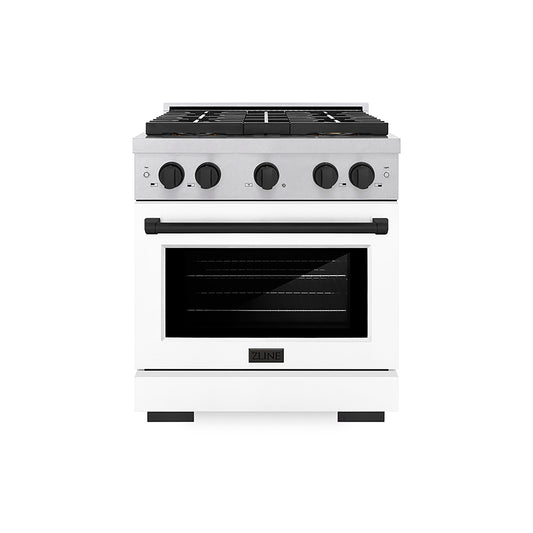 ZLINE 30 in. Dual Fuel Range 4.2 cu. ft. 4 Burner DuoPro™ Cooktop Electric Convection Oven Satin Stainless Steel White Matte Door Matte Black Accents (PSDRSZ-WM-30-MB)