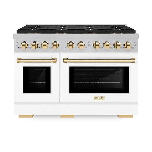 ZLINE 48 in. Dual Fuel Range 6.7 cu. ft. 8 Burner DuoPro™ Cooktop Dual Ovens Satin Stainless Steel White Matte Doors Polished Gold Accents (PSDRSZ-WM-48-G)