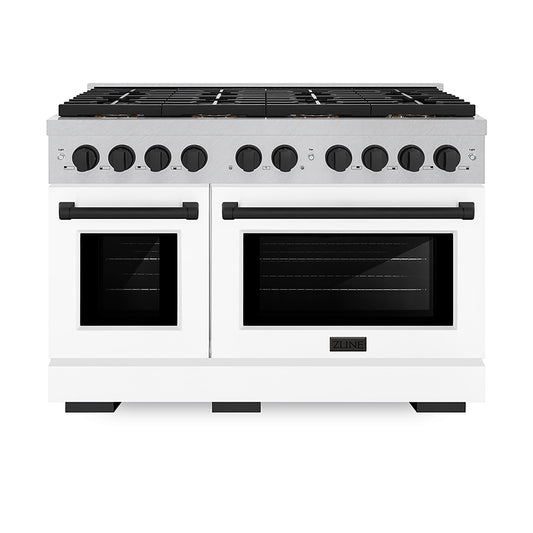 ZLINE 48 in. Dual Fuel Range 6.7 cu. ft. with 8 Burner DuoPro™ Cooktop, Dual Ovens, Satin Stainless Steel, White Matte Doors, Matte Black Accents (PSDRSZ-WM-48-MB)