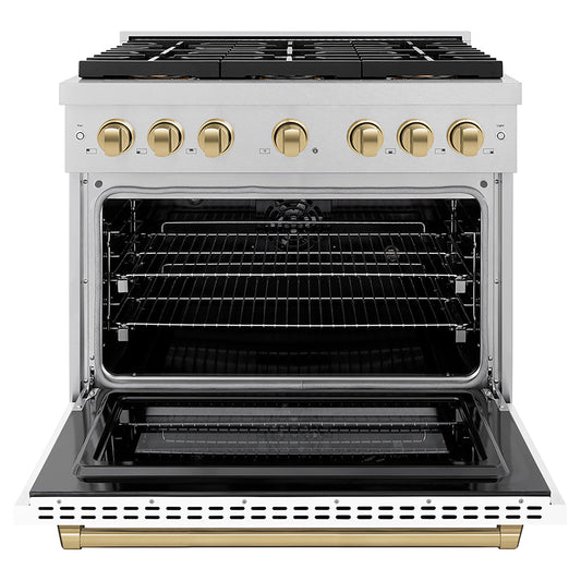 ZLINE 36 in. Dual Fuel Range 5.2 cu. ft. 6 Burner DuoPro™ Cooktop Electric Convection Oven Satin Stainless Steel White Matte Door Champagne Bronze Accents (PSDRSZ-WM-36-CB)