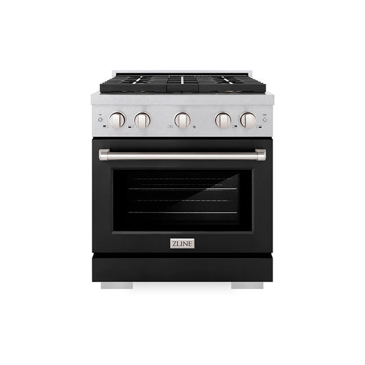 ZLINE 30 in. Gas Range 4.2 cu. ft. Convection Gas Oven with 4 Burner DuoPro™ Cooktop, Satin Stainless Steel with Black Matte Door (PSGRS-BLM-30)