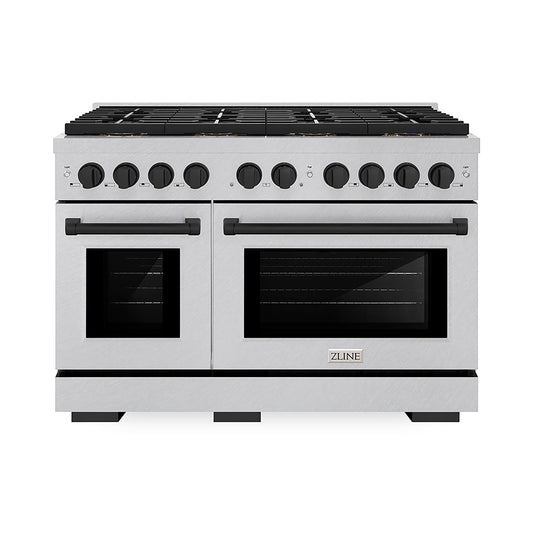 ZLINE 48 in. Gas Range 6.7 cu. ft. Paramount Series with 8 Burner DuoPro™ Cooktop, Dual Ovens, Satin Stainless Steel with Matte Black Accents (PSGRSZ-48-MB)