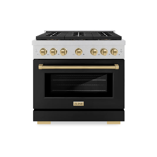 ZLINE 36 in. Dual Fuel Range 5.2 cu. ft. 6 Burner DuoPro™ Cooktop Electric Convection Oven Satin Stainless Steel Black Matte Door Champagne Bronze Accents (PSDRSZ-BLM36-CB)