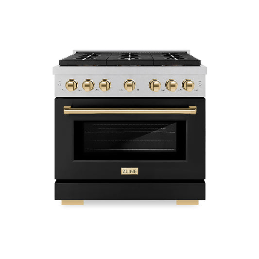 ZLINE 36 in. Gas Range 5.2 cu. ft. 6 Burner DuoPro™ Cooktop Convection Oven Satin Stainless Steel Black Matte Door Polished Gold Accents (PSGRSZ-BLM36-G)