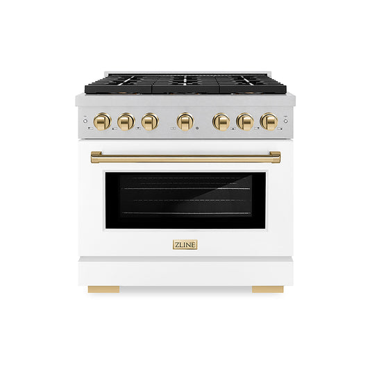 ZLINE 36 in. Gas Range 5.2 cu. ft. 6 Burner DuoPro™ Cooktop Convection Oven Satin Stainless Steel White Matte Door Polished Gold Accents (PSGRSZ-WM-36-G)