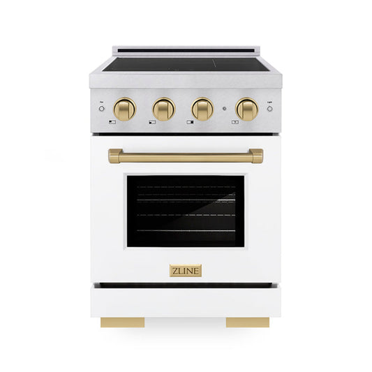 ZLINE 24 in Induction Range 3.2 cu. ft. Electric Convection Oven 3 Element Cooktop Satin Stainless Steel White Matte Door Champagne Bronze Accents (SINRSZ-WM-24-CB)