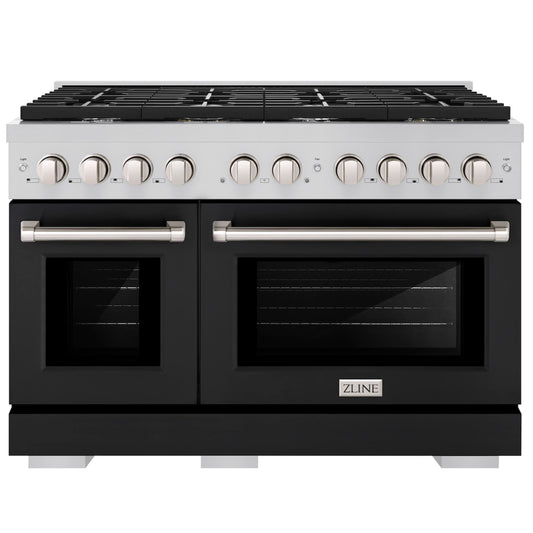 ZLINE 48 in. Paramount Double Oven Dual Fuel Range, 6.7 cu. ft., 8 Burner Gas Cooktop, Electric Convection Ovens, Stainless Steel with Black Matte Doors, SDR-BLM-48
