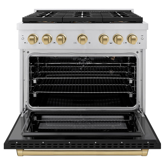 ZLINE 36 in. Dual Fuel Range 5.2 cu. ft. 6 Burner DuoPro™ Cooktop Electric Convection Oven Black Matte Door Champagne Bronze Accents (PSDRZ-BLM-36-CB)