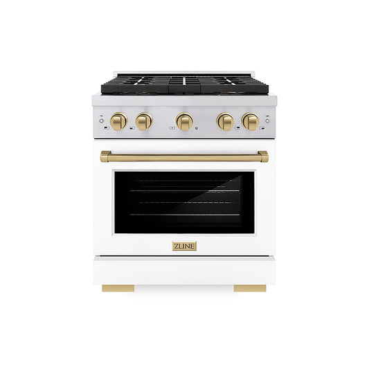 ZLINE 30 in. Paramount Dual Fuel Range 4.2 cu. ft. – 4 Burner DuoPro™ Cooktop, Electric Convection Oven, Stainless Steel, White Matte Door, Champagne Bronze Accents (PSDRZ-WM-30-CB)