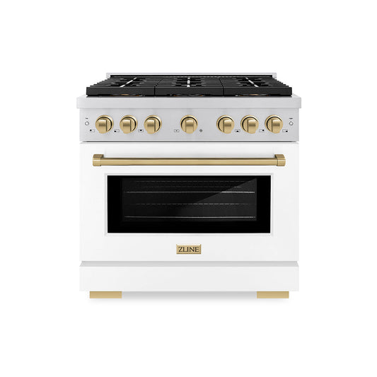 ZLINE 36 in. Dual Fuel Range 5.2 cu. ft. with 6 Burner DuoPro™ Cooktop, Electric Convection Oven, White Matte Door & Champagne Bronze Accents (PSDRZ-WM-36-CB)