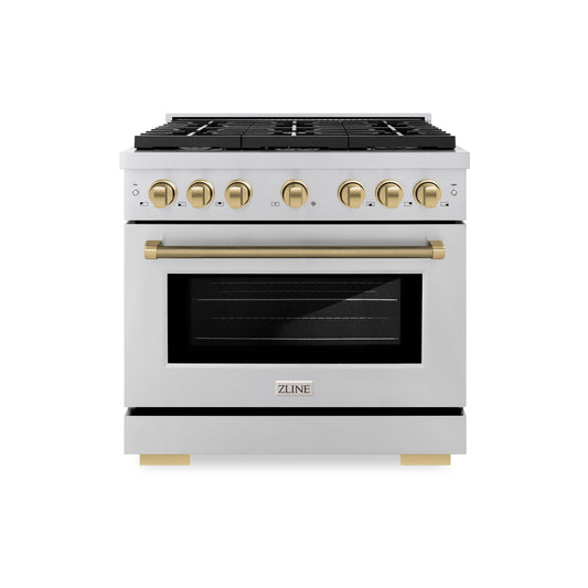 ZLINE 36 in. Gas Range 5.2 cu. ft. 6 Burner Cooktop Convection Oven Stainless Steel Champagne Bronze Helix Handle (SGRZ-36-KCB)