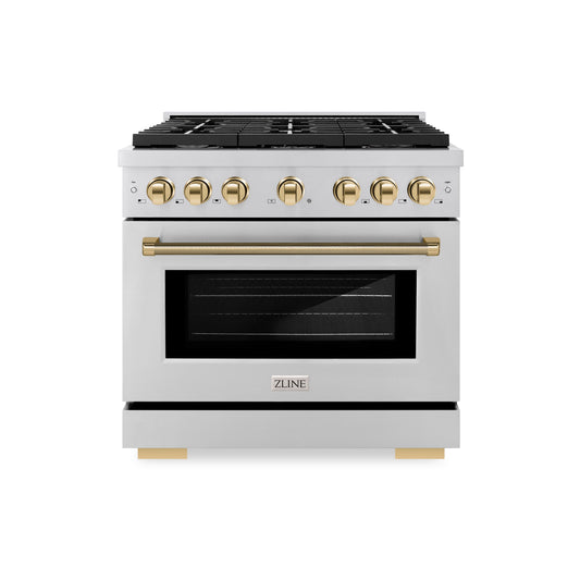 ZLINE 36 in. Gas Range 5.2 cu. ft. Paramount Series with 6 Burner Cooktop, Convection Gas Oven, Stainless Steel, Polished Gold Helix Handle & Knob Accents (SGRZ-36-KG)