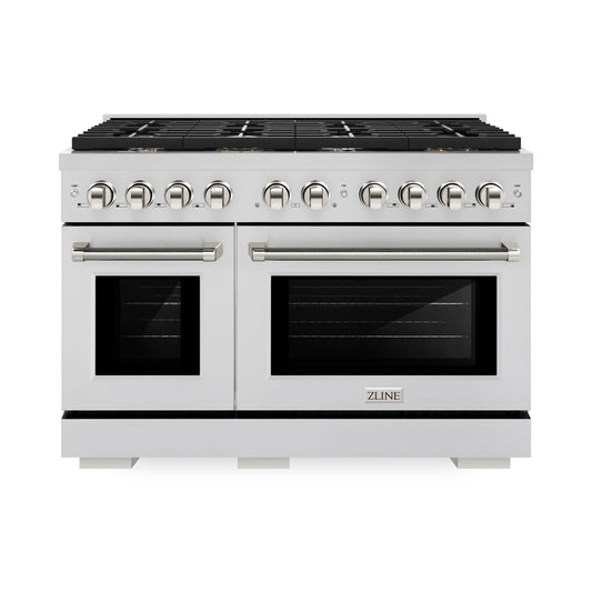 ZLINE 48 in. Gas Range Double Oven 6.7 cu. ft. 8 Burner Cooktop Stainless Steel Polished Nickel Helix Handles (SGRZ-48-KPN)