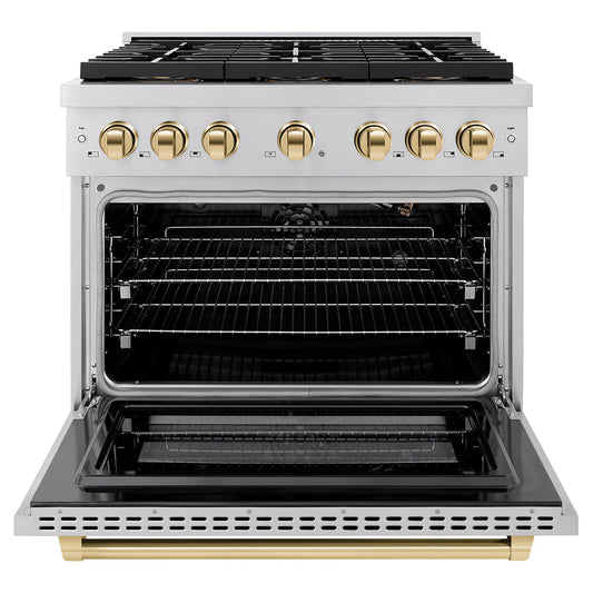 ZLINE 36 in. Gas Range 5.2 cu. ft. 6 Burner DuoPro™ Cooktop Convection Gas Oven Stainless Steel with Polished Gold Accents (PSGRZ-36-G)