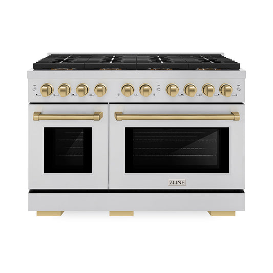 ZLINE 48 in. Gas Range 6.7 cu. ft. 8 Burner DuoPro™ Cooktop Dual Oven Stainless Steel with Champagne Bronze Accents (PSGRZ-48-CB)