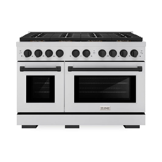 ZLINE 48 in. Gas Range 6.7 cu. ft. Dual Oven with 8 Burner DuoPro™ Cooktop Stainless Steel Matte Black Accents (PSGRZ-48-MB)