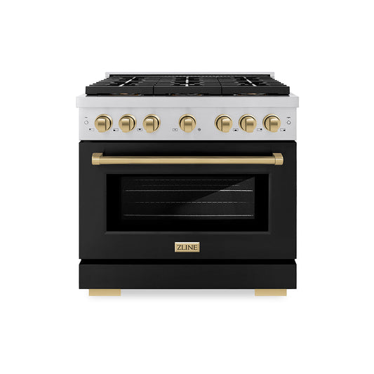 ZLINE 36 in. Gas Range 5.2 cu. ft. 6 Burner DuoPro™ Cooktop Convection Gas Oven Black Matte Door Champagne Bronze Accents (PSGRZ-BLM-36-CB)