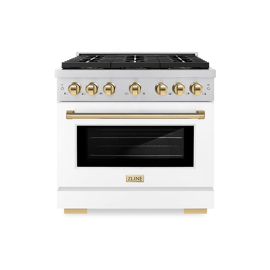 ZLINE 36 in. Gas Range 5.2 cu. ft. Convection Oven 6 Burner DuoPro™ Cooktop White Matte Door Polished Gold Accents (PSGRZ-WM-36-G)