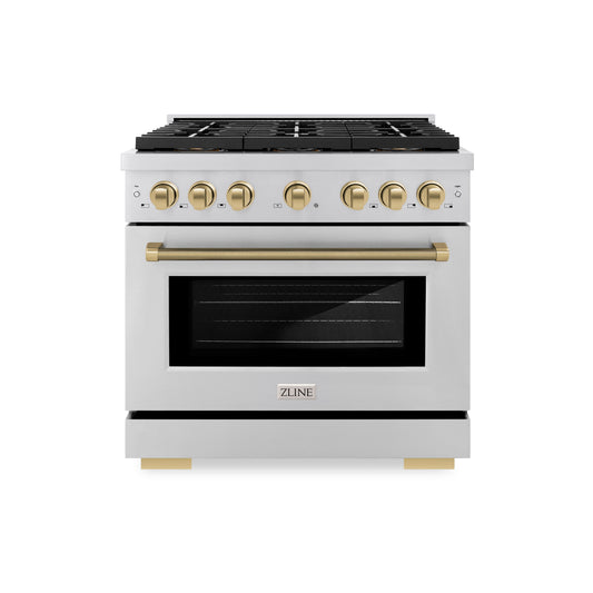ZLINE 36 in. Gas Range 5.2 cu. ft. 6 Burner DuoPro Cooktop Convection Oven Stainless Steel Champagne Bronze Helix Handle (PSGRZ-36-KCB)