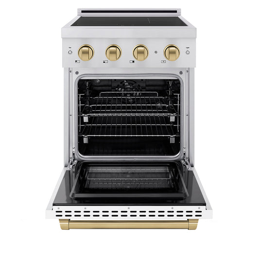 ZLINE 24 in Induction Range 3.2 cu ft Electric Convection Oven 3 Element Cooktop Stainless Steel White Matte Door Champagne Bronze Accents (SINRZ-WM-24-CB)
