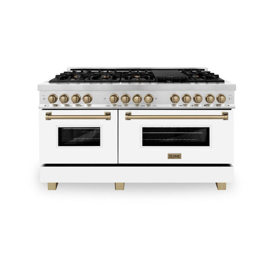 ZLINE Autograph Edition 60 in. Dual Fuel Range 7.4 cu. ft. Gas Cooktop & Electric Convection Oven with White Matte Door and Champagne Bronze Accents (RAZ-WM-60-CB)