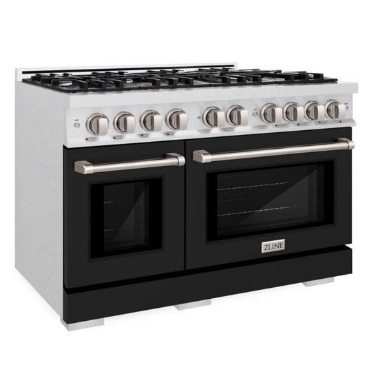 ZLINE 48 in. Gas Range Double Oven 6.7 cu. ft. 8 Burner Cooktop Black Matte Doors Satin Stainless Steel, MODEL HGRS-BLM-48