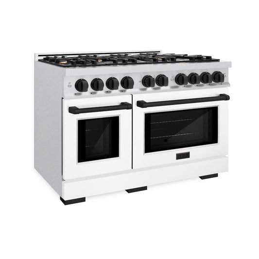 ZLINE 48 in. Dual Fuel Range – Double Oven, 8 Burner Gas Cooktop, 6.7 cu. ft., Satin Stainless Steel with White Matte Doors and Matte Black Accents (HDRSZ-WM-48-MB)