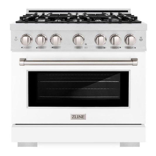 ZLINE 36 in. Dual Fuel Range 5.2 cu. ft. Gas Cooktop with 6 Burners, Electric Convection Oven, Satin Stainless Steel with White Matte Door (HDRS-WM-36)