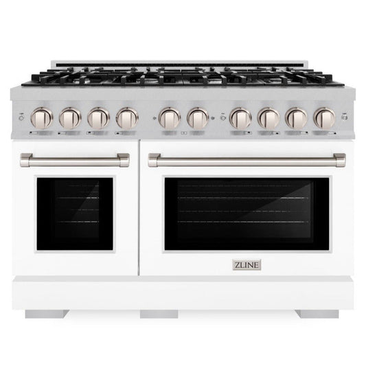 ZLINE 48 in. Dual Fuel Range 6.7 cu. ft. Capacity 8 Burner Gas Cooktop Double Oven Satin Stainless Steel with White Matte Doors (HDRS-WM-48)