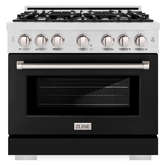 ZLINE 36 in. Gas Range 5.2 cu. ft. 6-Burner Cooktop Convection Oven Satin Stainless Steel with Black Matte Door (HGRS-BLM-36)