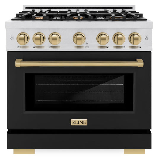 ZLINE 36 in. Gas Range 5.2 cu. ft. 6 Burner Cooktop Convection Gas Oven Satin Stainless Steel with Black Matte Door and Champagne Bronze Accents (HGRSZ-BLM-36-CB)