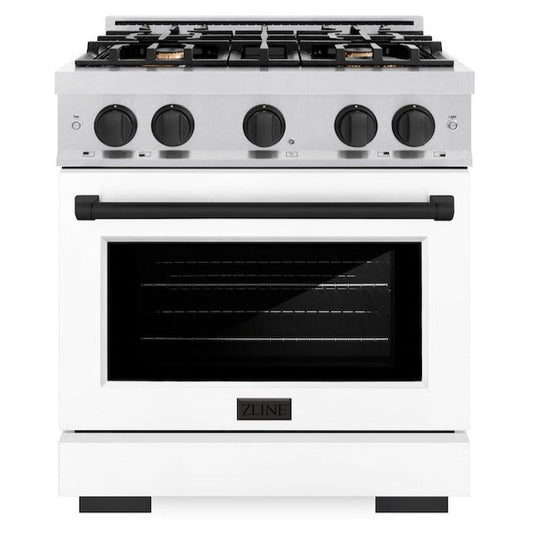 ZLINE 30 in. Gas Range 4.2 cu. ft. 4 Burner Cooktop Convection Gas Oven Satin Stainless Steel with White Matte Door and Matte Black Accents (HGRSZ-WM-30-MB)