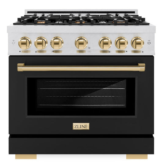ZLINE 36 in. Gas Range 5.2 cu. ft. 6 Burner Cooktop Convection Gas Oven Satin Stainless Steel Black Matte Door Polished Gold Accents (HGRSZ-BLM-36-G)