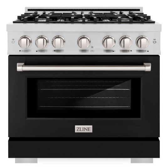 ZLINE 36 in. Dual Fuel Range 5.2 cu. ft. 6 Burner Gas Cooktop Electric Convection Oven Black Matte Door Stainless Steel, MODEL HDR-BLM-36