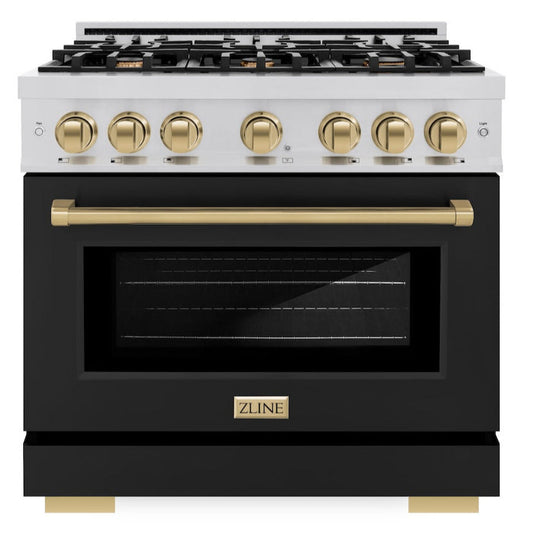ZLINE 36 in. Select Series Dual Fuel Range – 5.2 cu. ft. Capacity, 6 Burner Gas Cooktop, Electric Convection Oven, Stainless Steel with Black Matte Door & Champagne Bronze Accents (HDRZ-BLM-36-CB)
