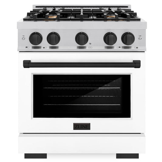 ZLINE Autograph Edition 30 in. Select Dual Fuel Range, 4 Burners, 4.2 cu. ft. Electric Convection Oven, Stainless Steel with White Matte Door & Matte Black Accents (HDRZ-WM-30-MB)