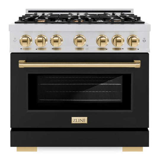 ZLINE 36 in. Dual Fuel Range 5.2 cu. ft. Select Series with 6 Gas Burners, Electric Convection Oven, Black Matte Door, Polished Gold Accents – Stainless Steel (HDRZ-BLM-36-G)