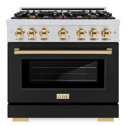 ZLINE 36 in. Gas Range 5.2 cu. ft. 6 Burners Stainless Steel Black Matte Door Polished Gold Accents (HGRZ-BLM-36-G)