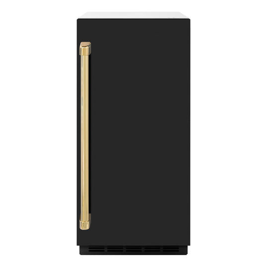 ZLINE Autograph 15" Touchstone Clear Cube Ice Maker with Drain Pump and Black Matte Door with Polished Gold Handle, ICCDZ-BLM-15-G