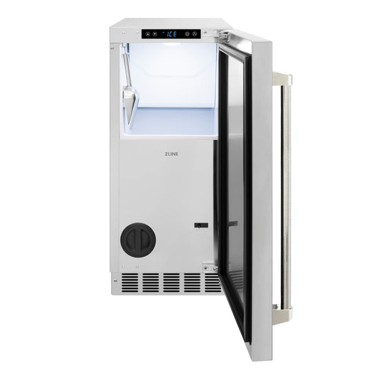 ZLINE Autograph 15" Touchstone Clear Cube Ice Maker with Drain Pump and Solid Stainless Steel Door with Polished Nickel Helix Handle, ICCDZ-ST-15-KPN