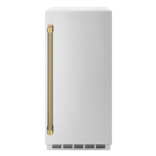 ZLINE Autograph 15" Touchstone Gourmet Ice Maker with Drain Pump and Solid Stainless Steel Door with Polished Gold Helix Handle, IGMDZ-ST-15-KG