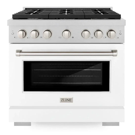 ZLINE 36 in. Paramount Gas Range with 6 Burners, 5.2 cu. ft. Convection Oven, Satin Stainless Steel with White Matte Door (SGRS-WM-36)