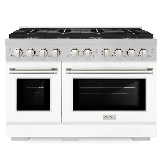 ZLINE 48 in. 6.7 cu. ft. Paramount Double Oven Gas Range with 8 Burners, Convection Oven, Satin Stainless Steel with White Matte Doors (SGRS-WM-48)
