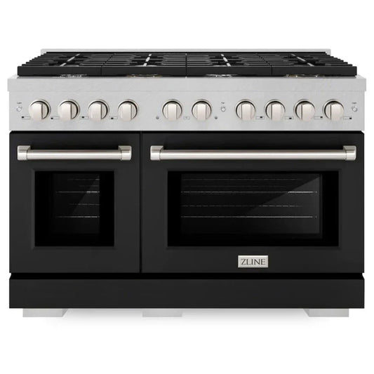 ZLINE 48 in. 6.7 cu. ft. Paramount Double Oven Gas Range with 8 Gas Burners, Satin Stainless Steel with Black Matte Doors (SGRS-BLM-48)