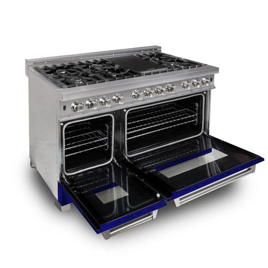 ZLINE 48 in. 6.0 cu. ft. Legacy Dual Fuel Range with 7 Burner Gas Cooktop and Double Electric Ovens in Satin Stainless Steel with Blue Gloss Doors (RAS-BG-48)