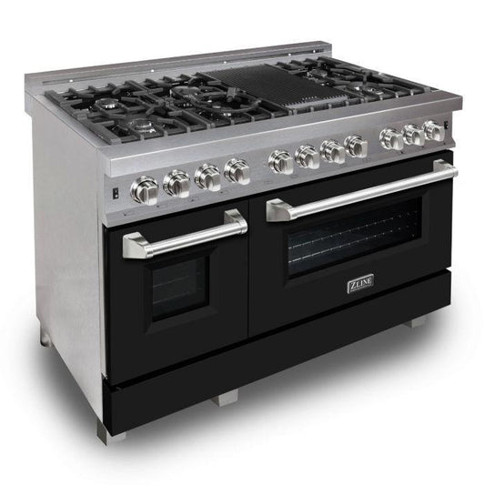 ZLINE 48 in. Legacy Dual Fuel Range with 7 Gas Burners and Double Electric Ovens, 6.0 cu. ft., Satin Stainless Steel with Black Matte Doors (RAS-BLM-48)