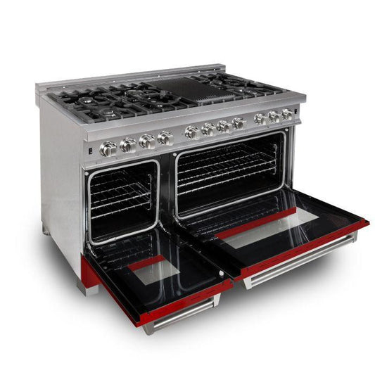 ZLINE 48 in. Legacy Dual Fuel Range, 6.0 cu. ft., 7 Burner Gas Cooktop, Double Electric Ovens, Satin Stainless Steel with Red Matte Doors (RAS-RM-48)