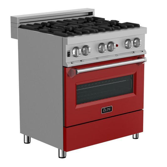 ZLINE Legacy 30 in. Dual Fuel Range with 4 Burners and Electric Convection Oven, 4.0 cu. ft., Satin Stainless Steel with Red Gloss Door (RAS-RG-30)